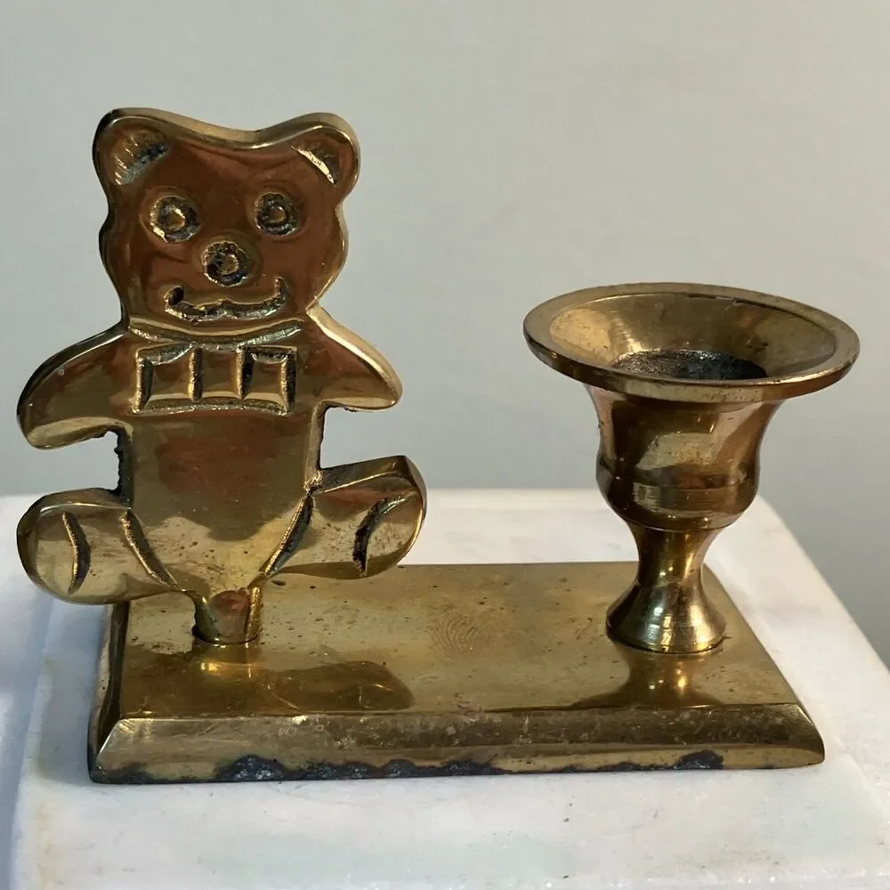 VTG HOSLEY SOLID BRASS TEDDY BEAR MINI CANDLEHOLDER .5” TAPER HANDCRAFTED INDIA